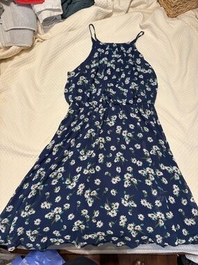 Navy Floral Dress with White & Teal Accents